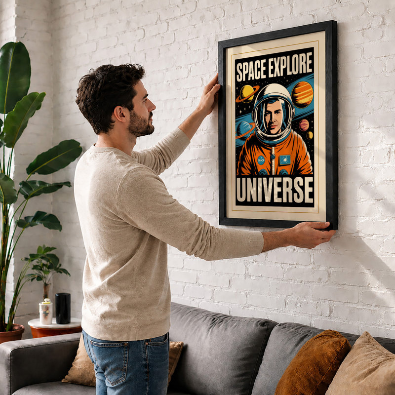 Space Explore Universe Retro - Framed Print, A4 - 29.7 x 21.0 cm, Oak