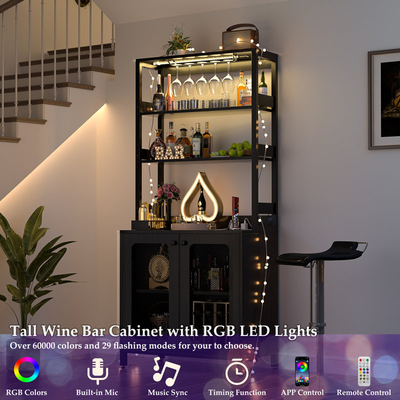 Parina Tall Bar Cabinet with Glasses Rack and Led Strip, Wine Cabinet, Black