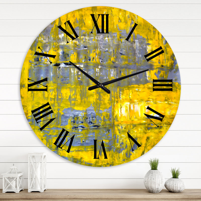 Jaune rencontre l'art abstrait gris I - horloge murale moderne, Extra Small