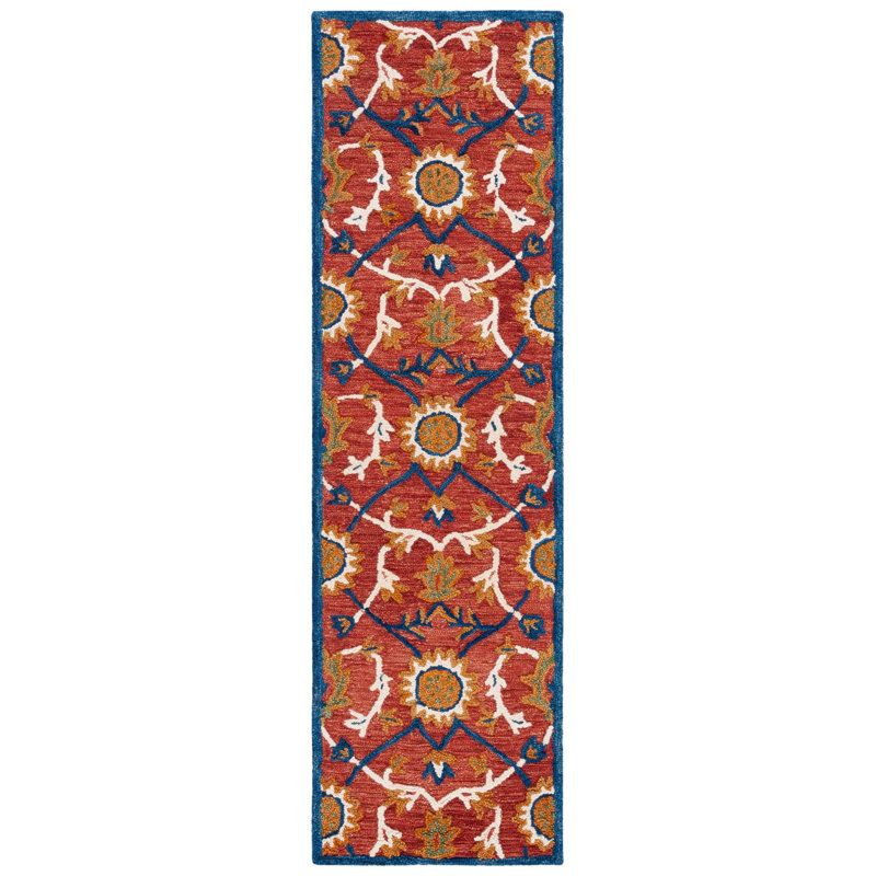 Blossom Hand Tufted Wool/Cotton Oriental Rug in Red/Blue/Beige, Runner 2'3" x 8'