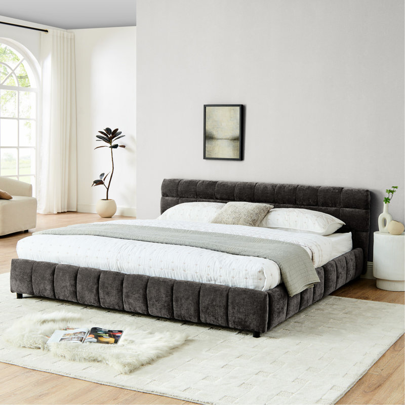 Très grand lit avec housse en chenille et tiroir pratique - Structure rembourrée gris foncé fonctionnelle, Gris foncé