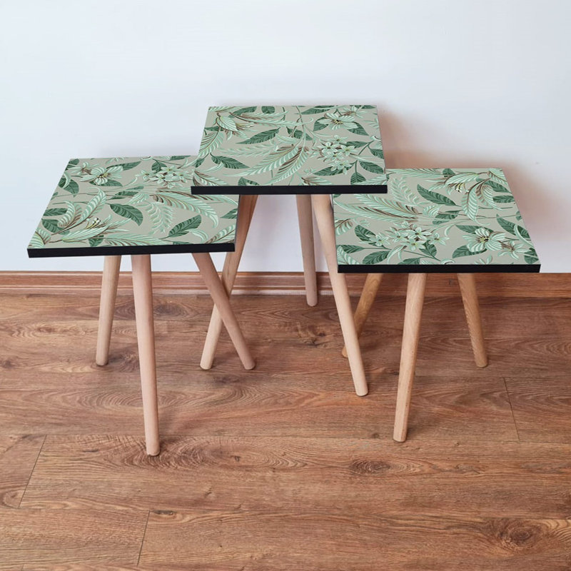 Ensemble de tables gigognes modernes (3 pièces), vert et gris | 100% panneau de fibres à densité moyenne avec pieds en bois de hêtre | Grande table: 13,8 x 20,5 x 13,8 po, moyenne: 13,8 x 18,5 x 13,8 po, petite: 13,8 x 16,5 x 13,8 po | Design élégant pour le salon et le bureau