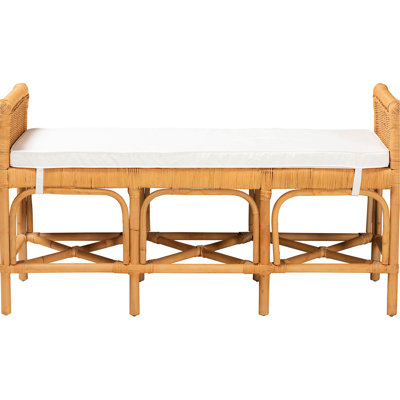 Banc avec design bohémien, construction naturelle, bordures surélevées, une tablette ouverte, coussin en tissu rembourré en mousse amovible, décorations tissées, brun et blanc, 48 po de largeur, 17,5 de profondeur, 26 de hauteur, 23 lb de style