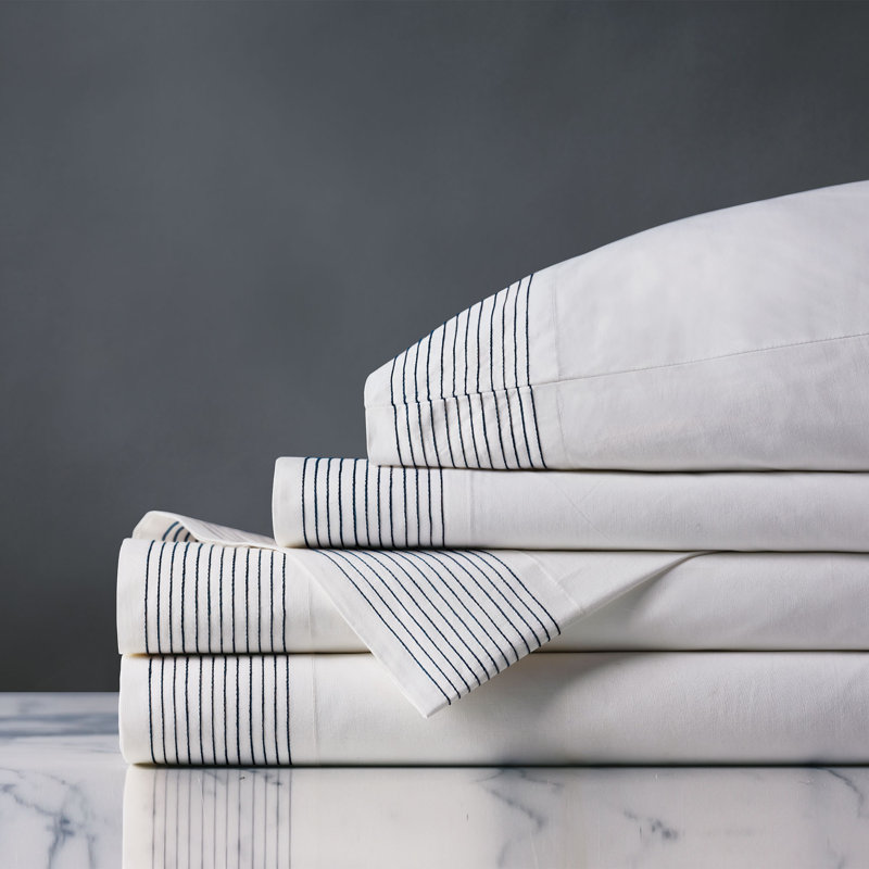 Marsden Satin Stitch Sheet Set In Bisque, Navy Striped
