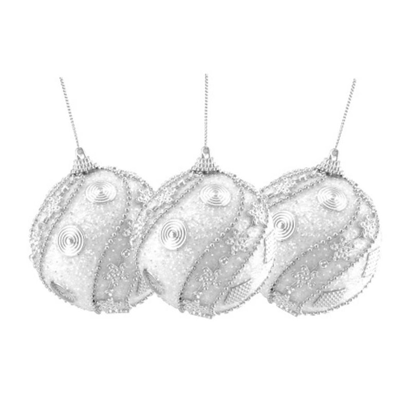 White and Silver Beaded Swirl Shatterproof Glittered Christmas Ball Ornaments 3" (75mm)