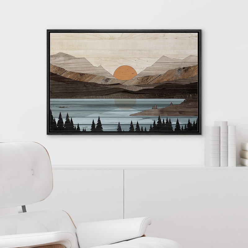 «Western Wood Effect Landscape Mountain Range Lake Trees Nature Abstract Artwork Living Room Decor on Canvas Print