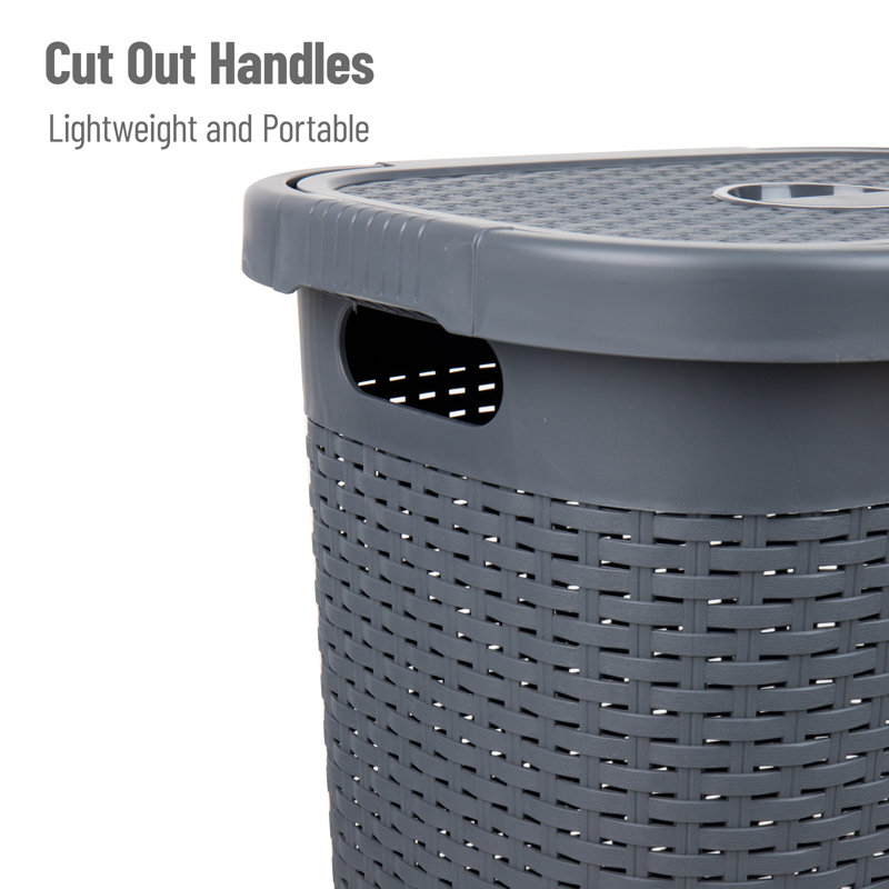 Gray Collapsible Wicker Design Upright Laundry Hamper with Lid