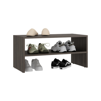 Small Shoe Rack 23.6 Wide With Three Open Shelves, Modern And Compact For Entryway Or Closet, Grey Particle Board Flat Top Quick Access Organizer Style Utility