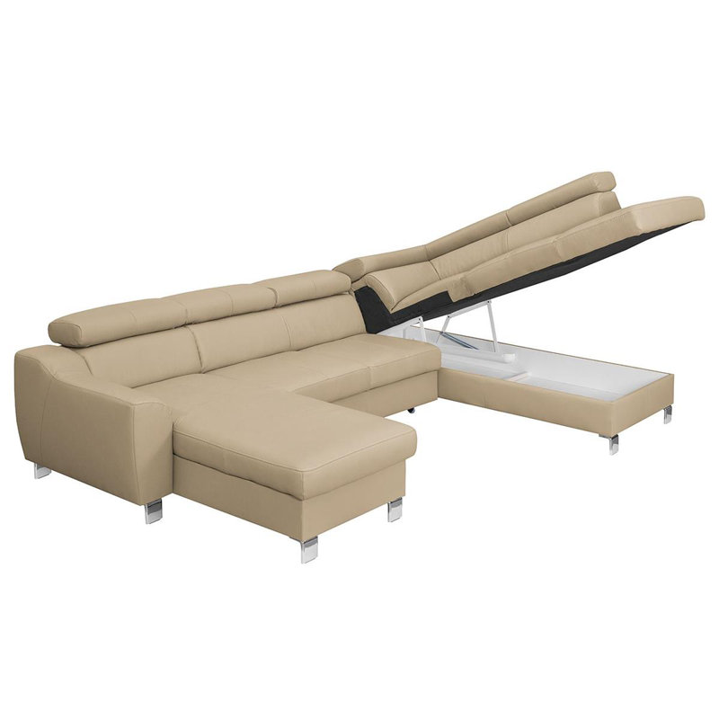Avais Leather Large Corner Sofa in U-form, Beige, Yes, Right Hand Facing