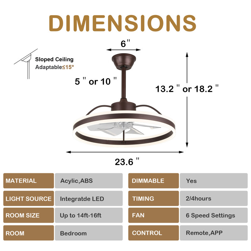 24'' Brown Ceiling Fan with Dimmable LED Light 3 Color Tone, 6 Speed Quiet DC Motor, App and Remote Control, Bronze