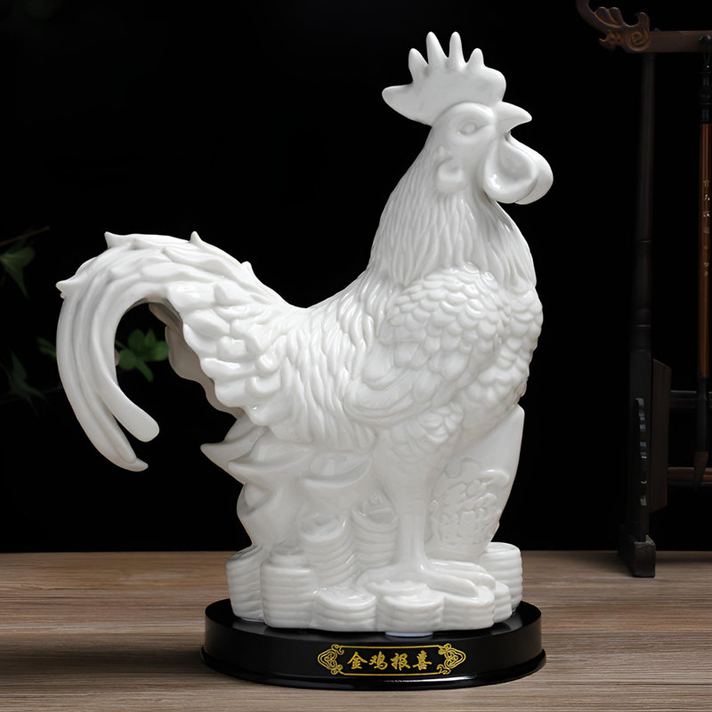 Handcrafted Ceramic Rooster Statue For Prosperity, White