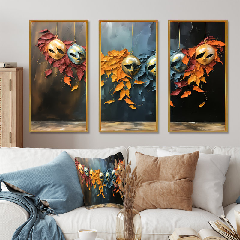 Chine, masques d'opéra jaunes et bleus I - art mural chinois, Cadre flottant doré, H 40 po x l 60 po x P 1 po