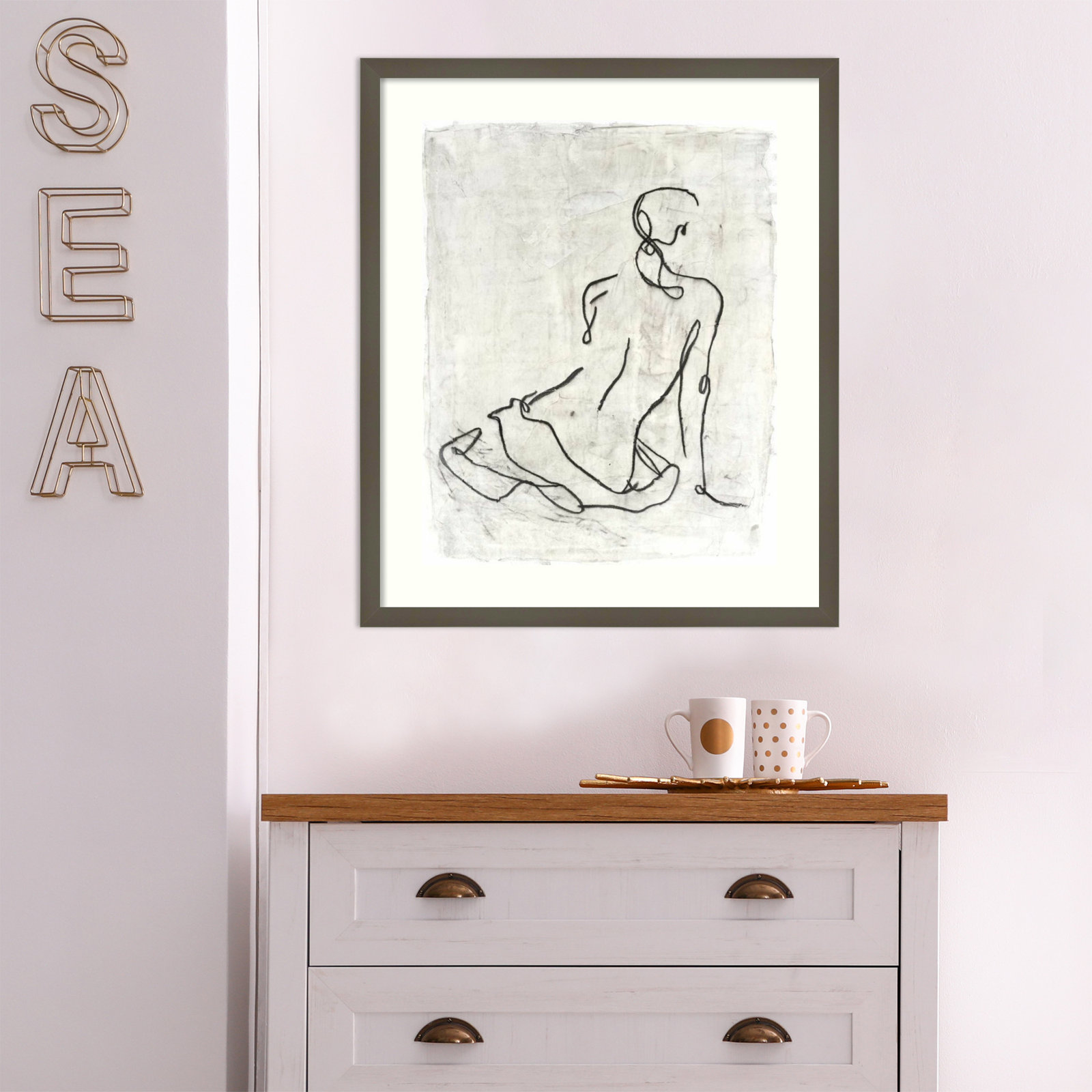 Embellished Gestural Contour I Print, Gray Framed Paper, 25" H x 21" W