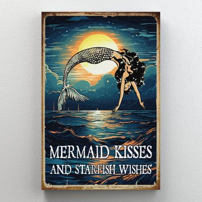 «Mermaid Under Moon - Mermaid Kisses And Starfish Wishes», reproduction d'art graphique sur toile tendue 1 pièce