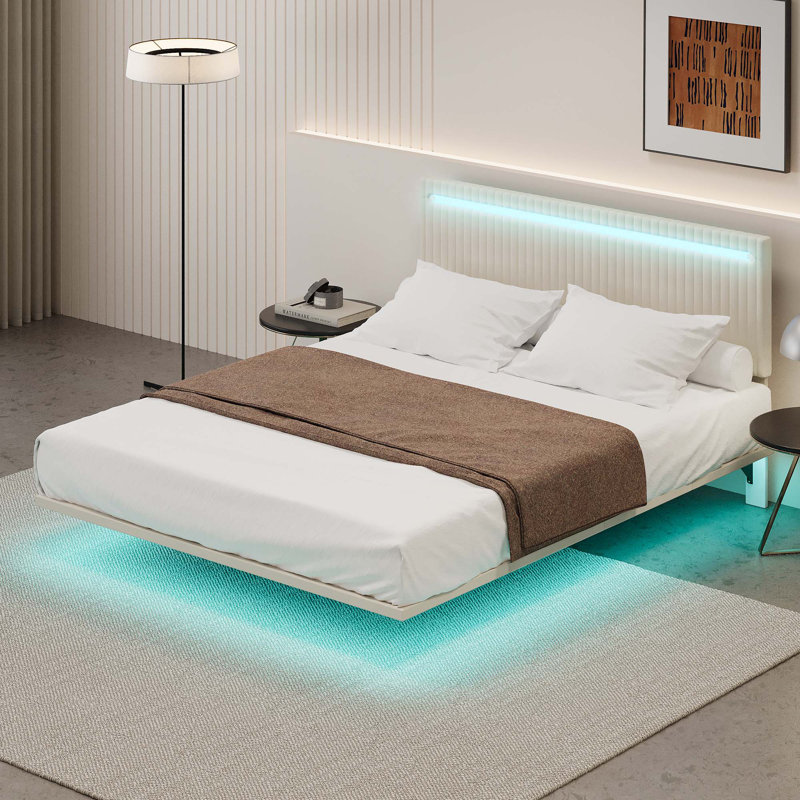 Velvet Fabric Floating Bed Frame with LED Lights, Beige, Full