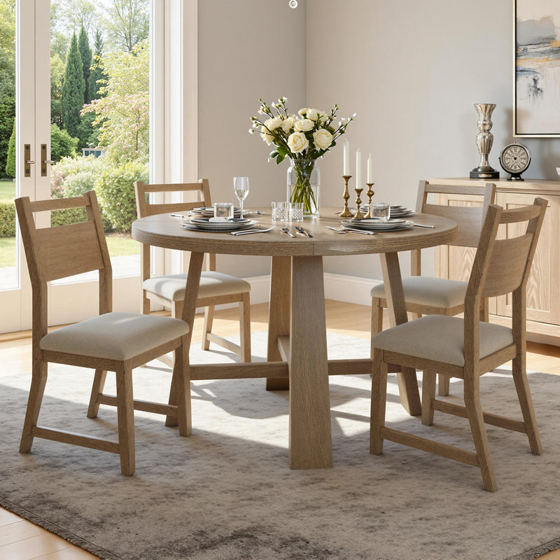 Zebulon 5-piece Solid Wood Dining Set With Round Table And Upholstered Chairs, Farmhouse Style, Natural Oak Finish