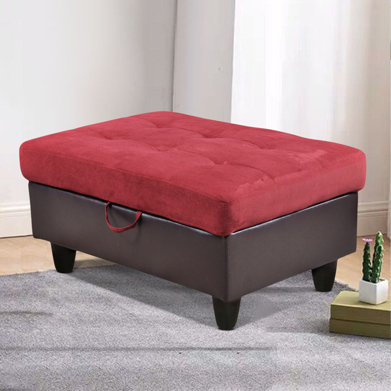 Repose-pieds de rangement en flanelle et en PVC de 35 pouces, Brun, Velours rouge / similicuir