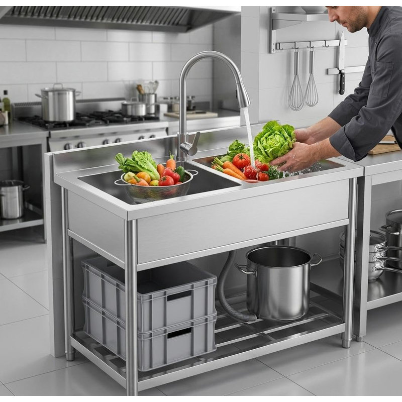 Bassin utilitaire autoportant en acier inoxydable, cuve unique extra large, robinet extractible en laiton, bassin profond pour usage commercial (restaurants, buanderies), grande capacité pour la cuisine, le garage, l'atelier, le lavage des animaux.