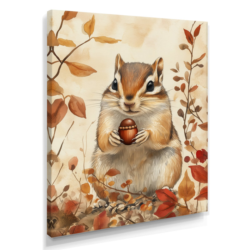 Chipmunk and the Autumn Acorn - Art mural encadré animal, H 20 po x l 12 po, Wrapped Canvas