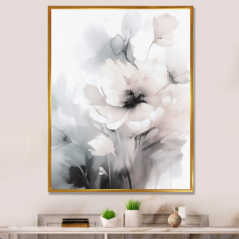 Douces fleurs gris clair I - art mural floral, H 20 po x l 12 po, Cadre flottant doré