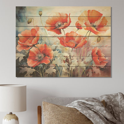 Red And Green Poppy Reverie II - Poppies On Wood Print