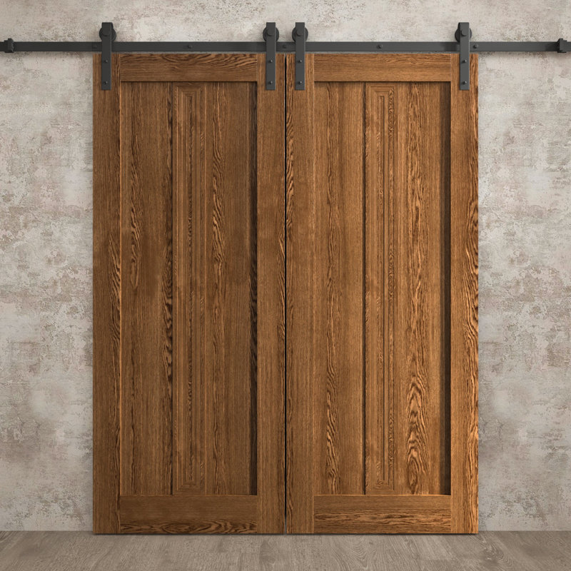 Porte de grange double moderne | Ego 5006 | Ensemble de rails | Portes intérieures solides, Chêne cognac, 56 po x 84 po