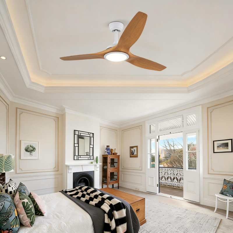 Ventilateur de plafond 52 "en bois naturel avec lumière, Blanc, Bois naturel