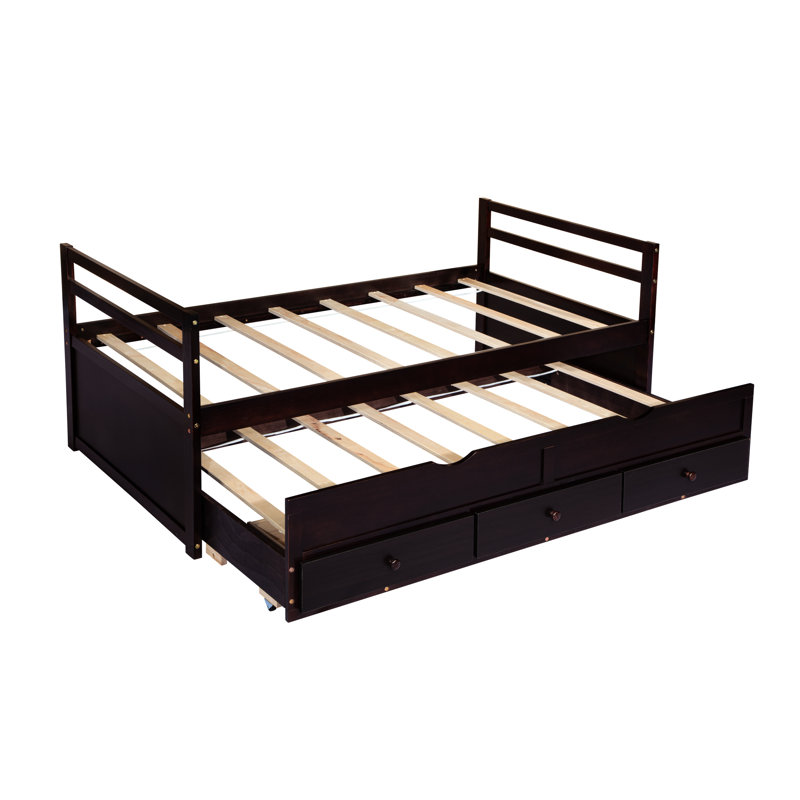 Lit simple avec tête de lit, lit gigogne et tiroirs de rangement pratiques, Espresso