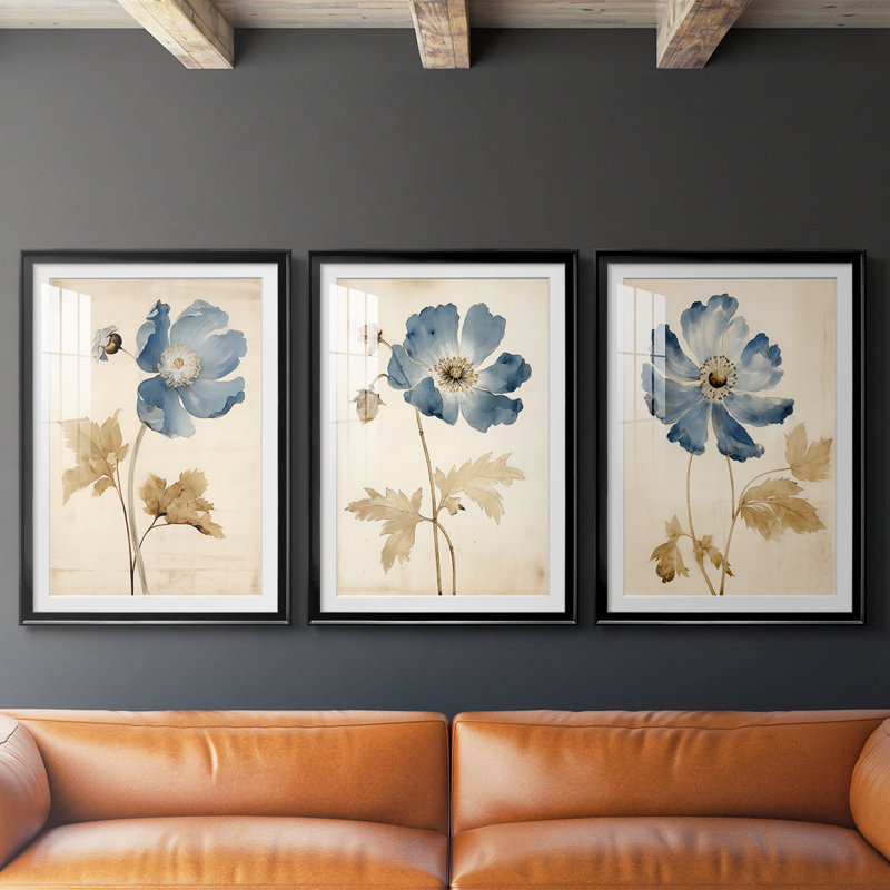 FLORAL Series LXI - Impression encadrée sur mesure de qualité supérieure - 3 pièces, H 21 po x l 30 po, Noir