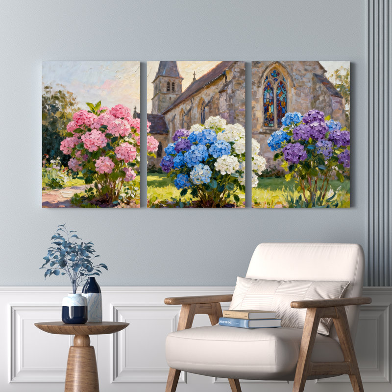 Ensemble de 3 tableaux sur toile tendue représentant des hortensias et une église, H 36 po x l 72 po