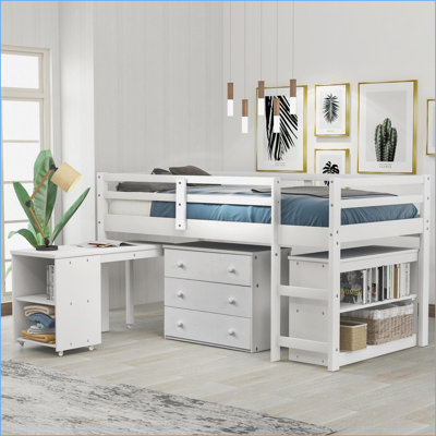 Lit mezzanine simple simple avec bureau roulant Pinewood Armoire de rangement - Blanc