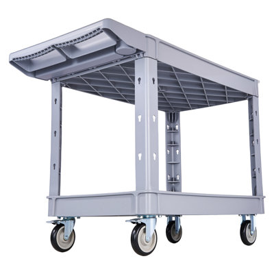 Chariot utilitaire, capacité de 550 lb, chariot de service à 2 niveaux avec pivotement à 360 ° et roues fixes (2 avec freins), roulement en plastique robuste avec plateau de rangement, rangement pour outils pour atelier de garage - gris
