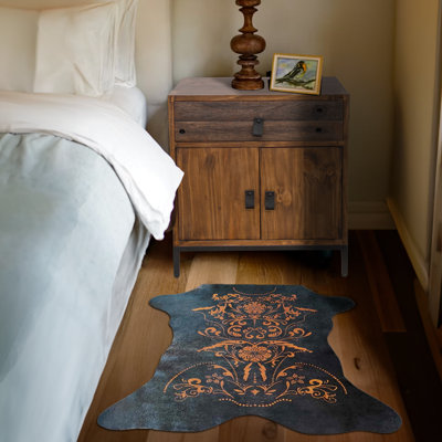 Baroque Print Mini Cowhide Rug (Brown on Black)