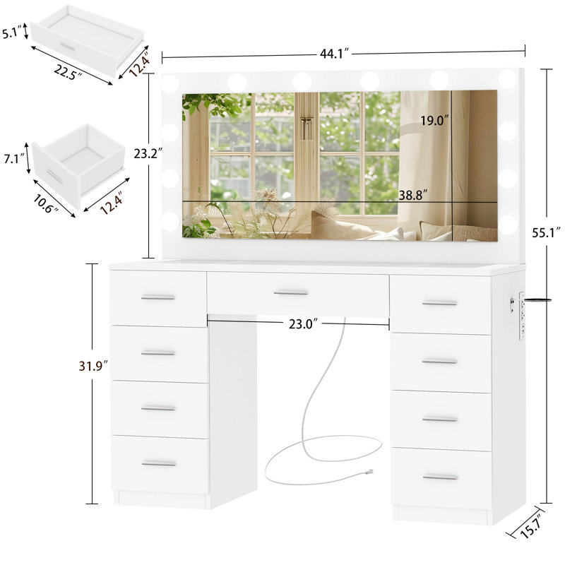 Grand meuble-lavabo de maquillage avec luminosité réglable à 3 modes et prise de courant, bureau de coiffeuse avec 9 tiroirs et bureau en verre