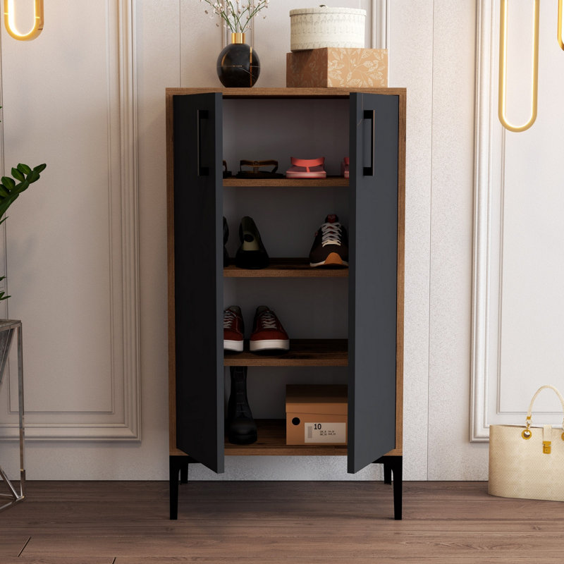 Armoire à chaussures moderne avec pieds en métal, noyer et anthracite, 23,6 po x 43,7 po x 13,8 po | 100% panneau de particules enduit de mélamine, épaisseur de 0,71 pouce | Support mural, tablettes multiples, solution de rangement élégante et fonctionnelle