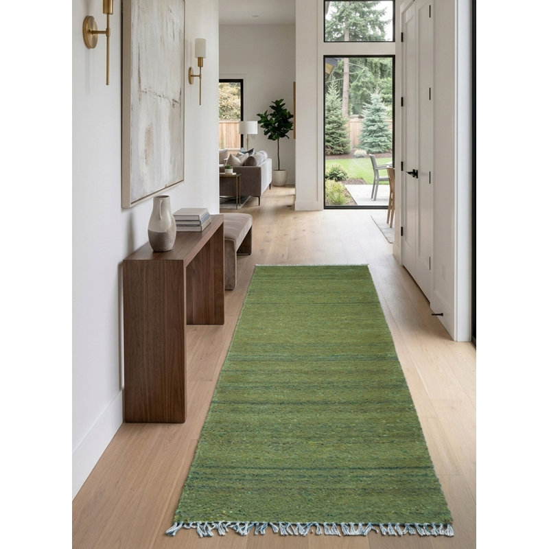 Hand Woven Solid Green Cotton & Polyester Runner Indoor Area Rug, Runner 2'6" x 8'