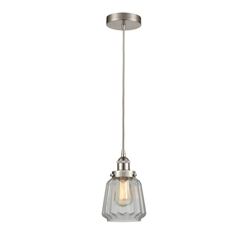 Luminaire suspendu conique à 1 lumière Caggiano, Nickel satiné brossé, Transparent