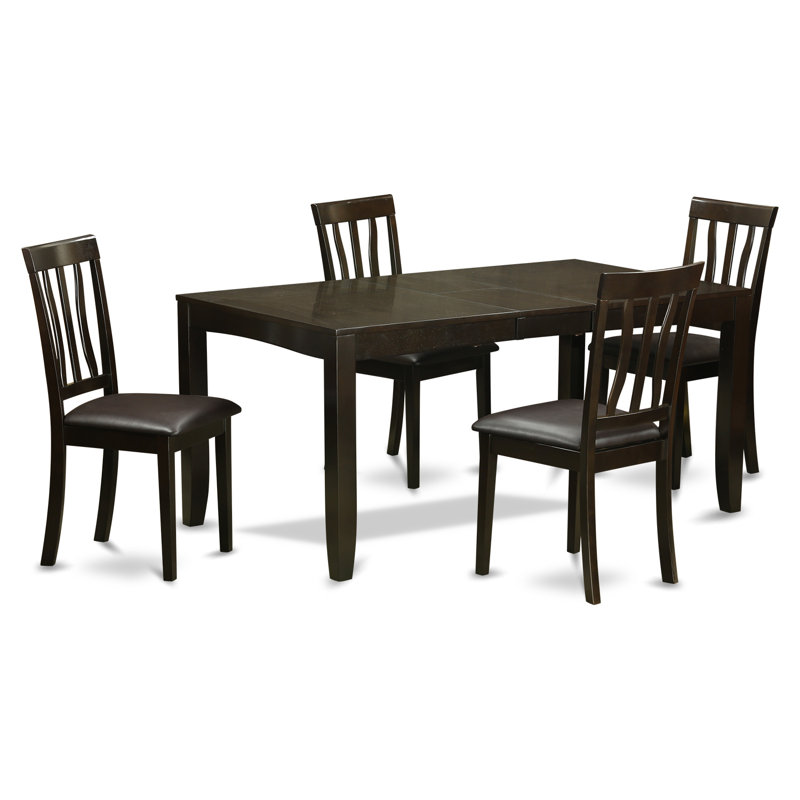 Ensemble de table de salle à manger 5 pièces moderne comprenant une table rectangulaire en bois avec feuille papillon et 4 chaises de cuisine en similicuir, cappuccino