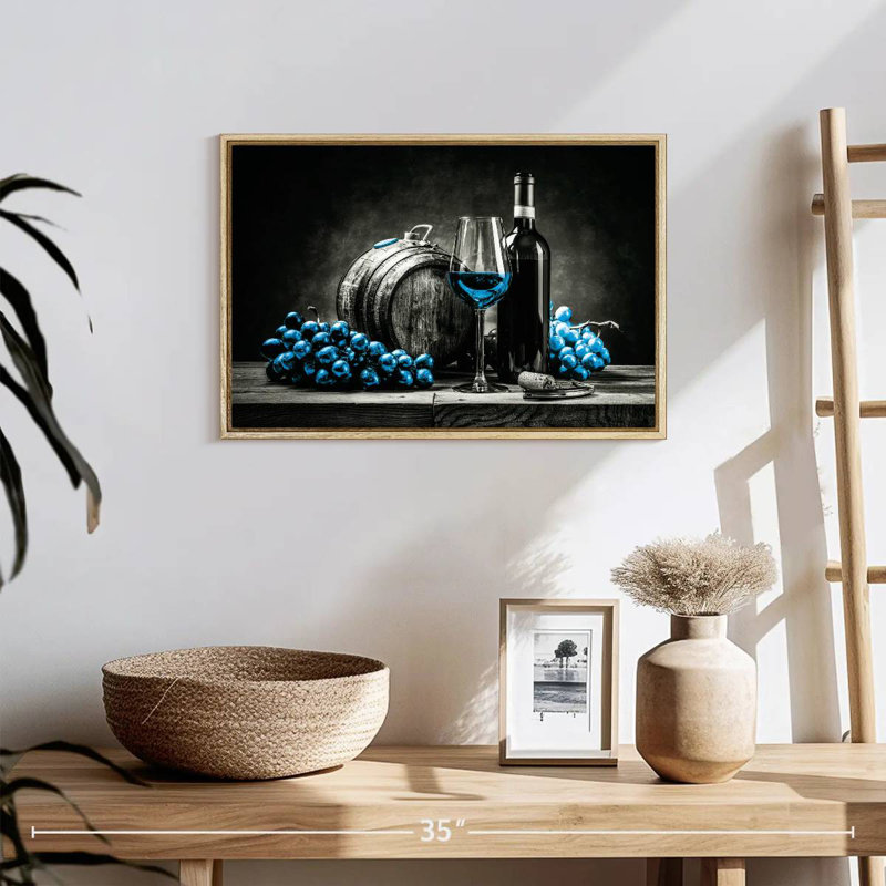 Vin et raisins - bleu éclatant, 19 po x 13 po, Cadre flottant en bois naturel
