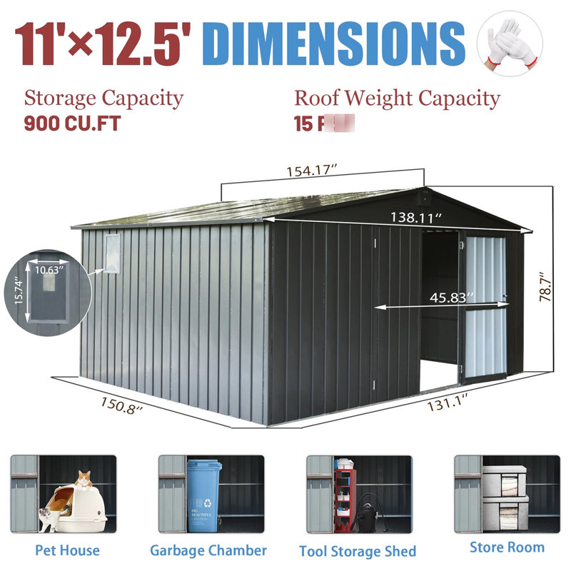 Rangement extérieur en métal 11 pi x 12,5 pi, cadre en acier galvanisé, fenêtres, portes verrouillables et porte verrouillables, gris foncé