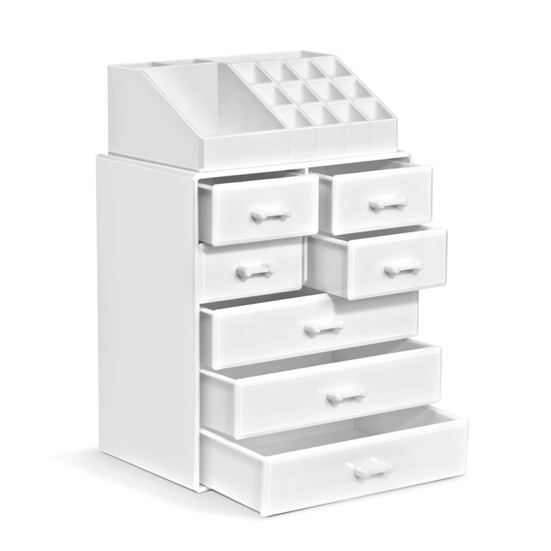Étui à maquillage avec rouge à lèvres, porte-pinceaux, moyen, 7 tiroirs, blanc, Blanc