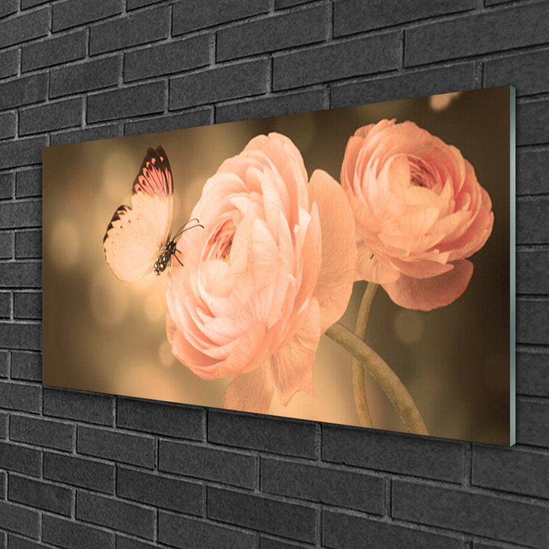 Nature Butterfly Roses - No Frame Print on Glass