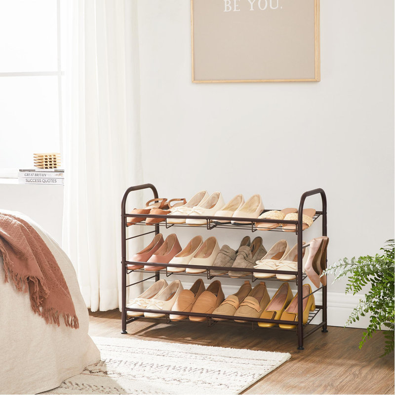 3 Tier 12 Pairs Shoe Rack Metal Shoe Shelf with Adjustable Tilt Angle, 19.5" H x 27" W x 10.8" D, Brown