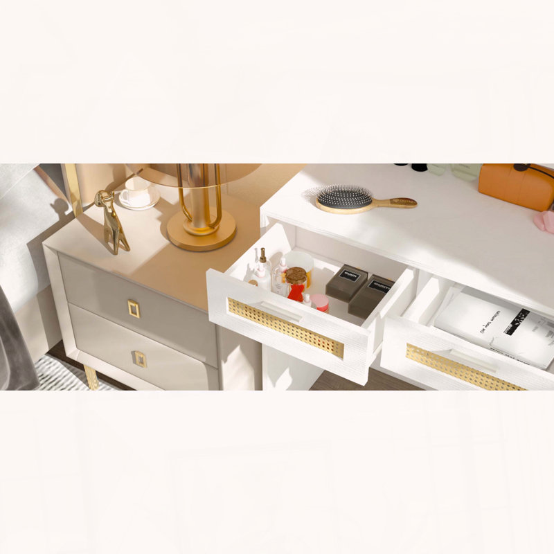 Bureau de coiffeuse en rotin avec miroir à DEL 3 couleurs et armoire de rangement