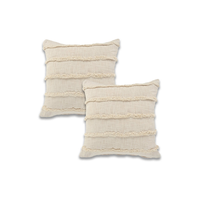Striped Fringed 100% Cotton Throw Square Pillow Cover Set of 2, Beige, Polyester/Polyfill