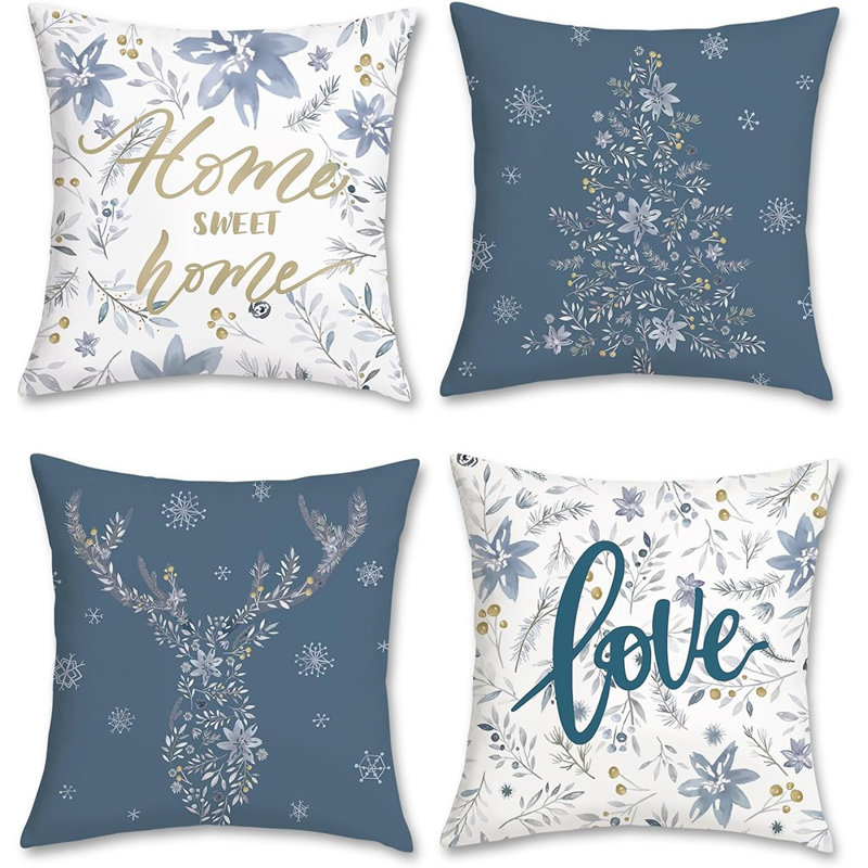 Coussins décoratifs 18 x 18 pouces Home Sweet Home flocon de neige arbre de Noël cerf bleu gris