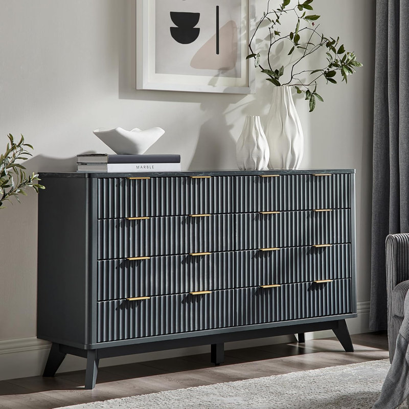 8-drawer Fluted Dresser With Faux Marble Top & Triple-room Storage, Dark Gray