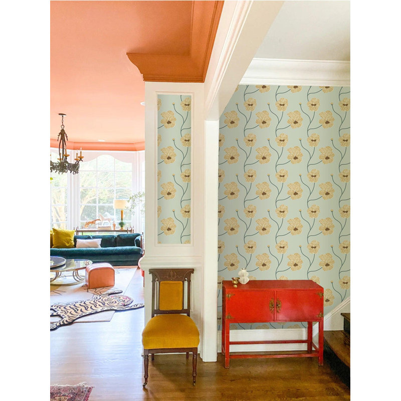 Natalie Papier Floral Wallpaper Roll, Yellow/Green, Faux Grasscloth