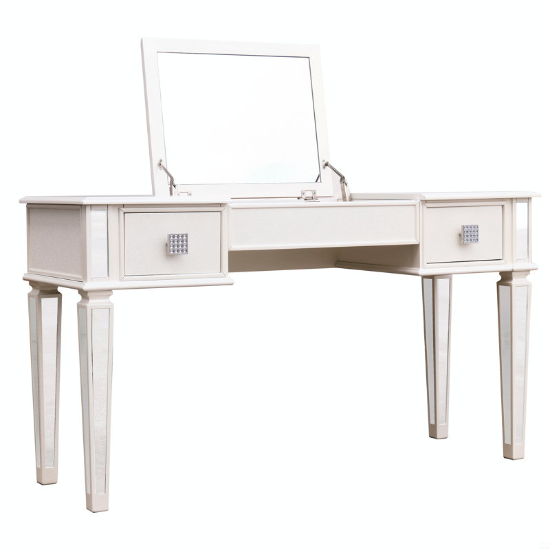Mirrored Vanities Desk With Drawers, Bedroom Makeup Vanity Table Set With Mirror And Stool, Flip Up Dressing Table, White