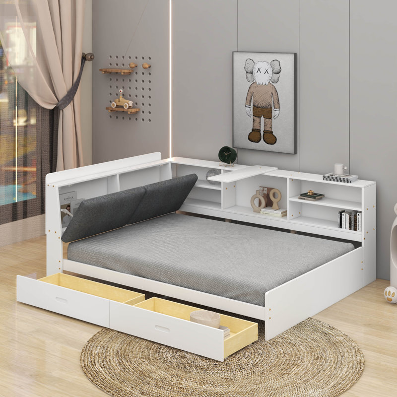 Lit plateforme double avec tête de lit, tablettes et tiroirs de rangement, Blanc
